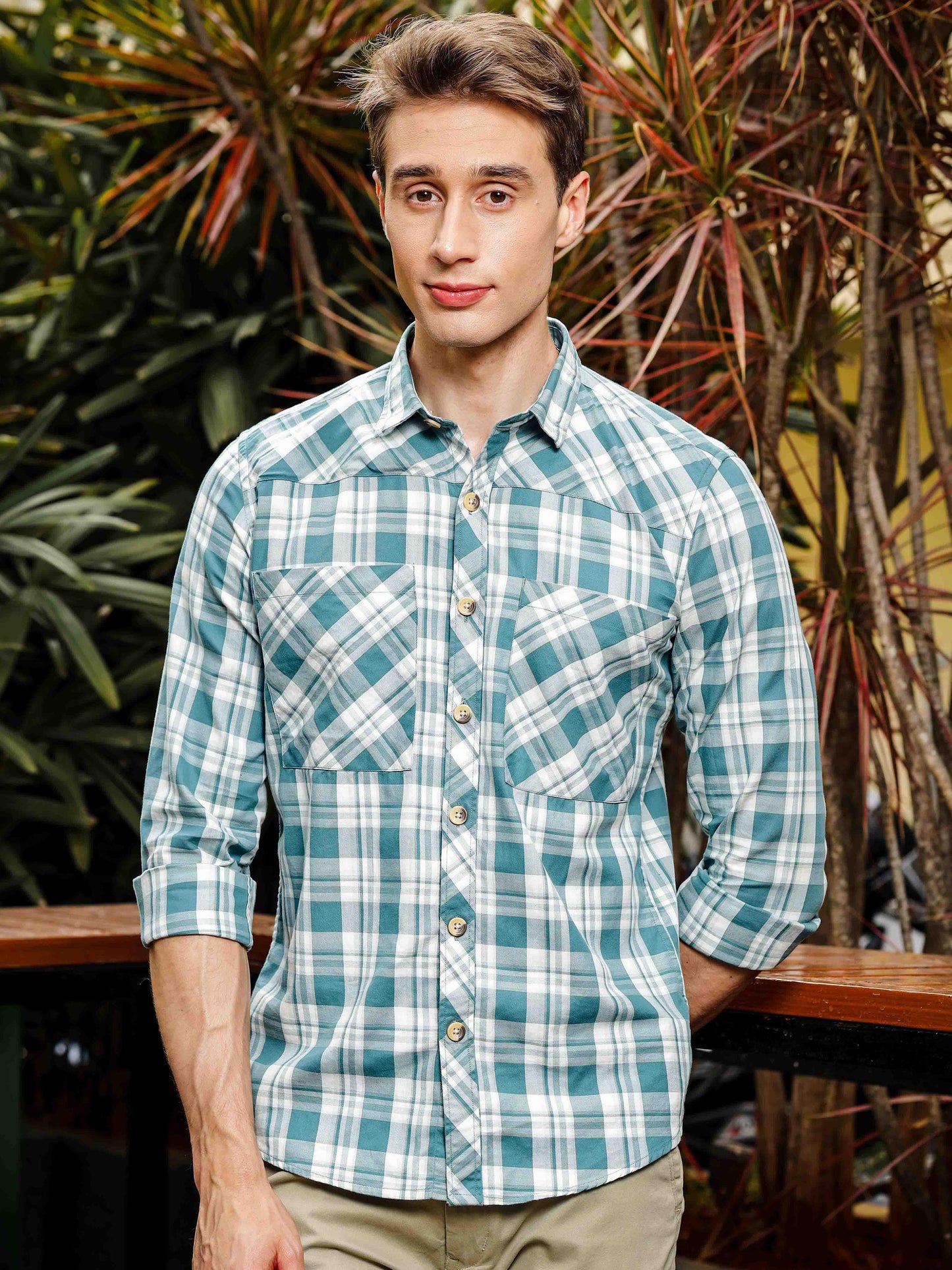 Bluish Double Box Pocket Checks Shirt