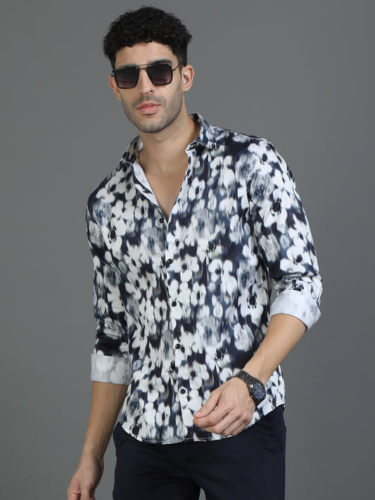 Navy & White Floral Printed Shirt