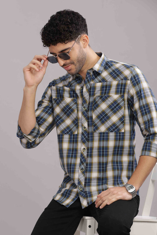 Grey Double Box Pocket Checks Shirt