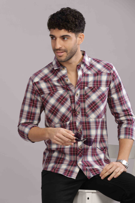 Maroon Double Box Pocket Checks Shirt