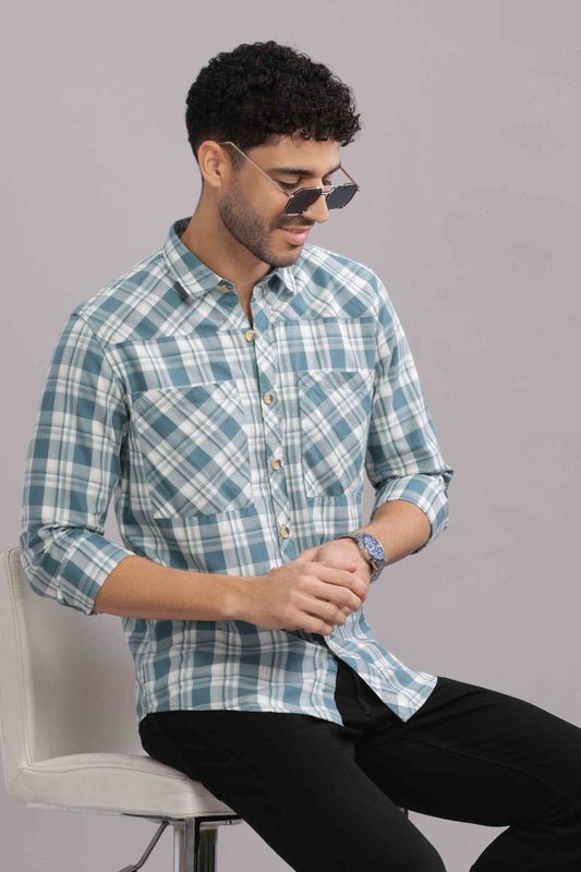 Bluish Double Box Pocket Checks Shirt