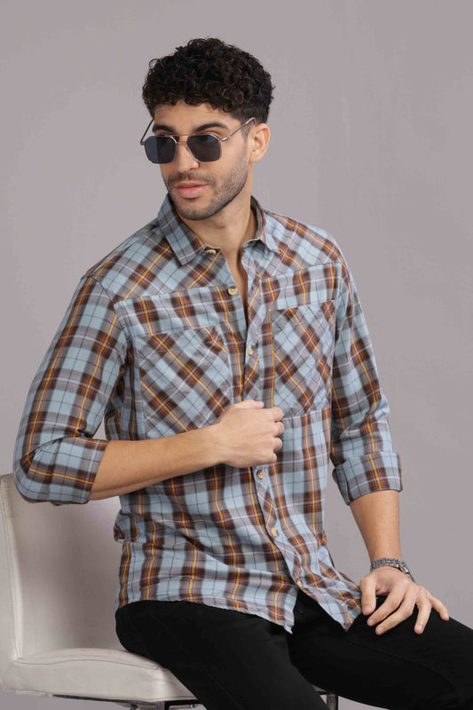 Skyblue Double Box Pocket Checks Shirt