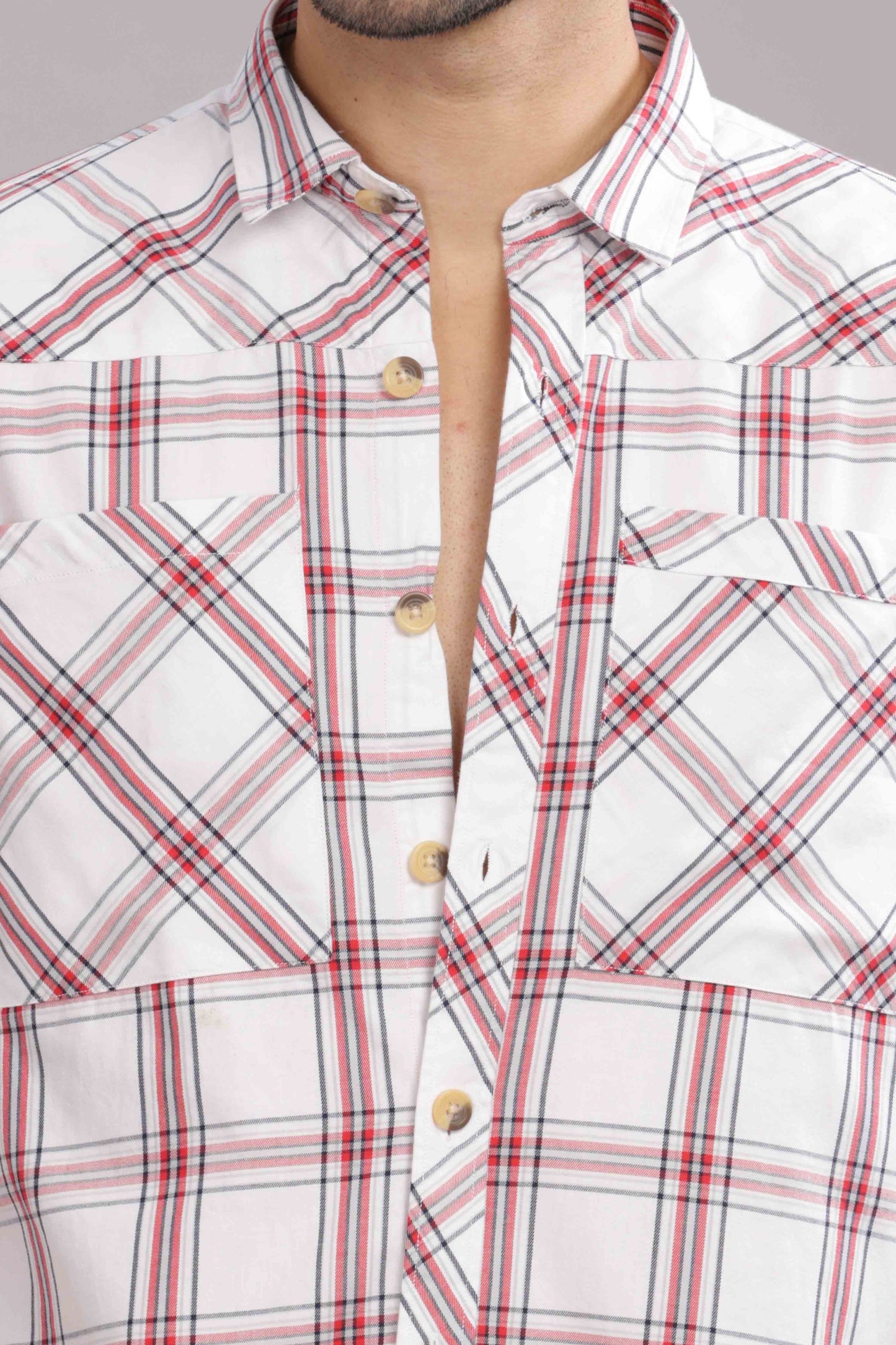 Light Red Double Box Pocket Checks Shirt