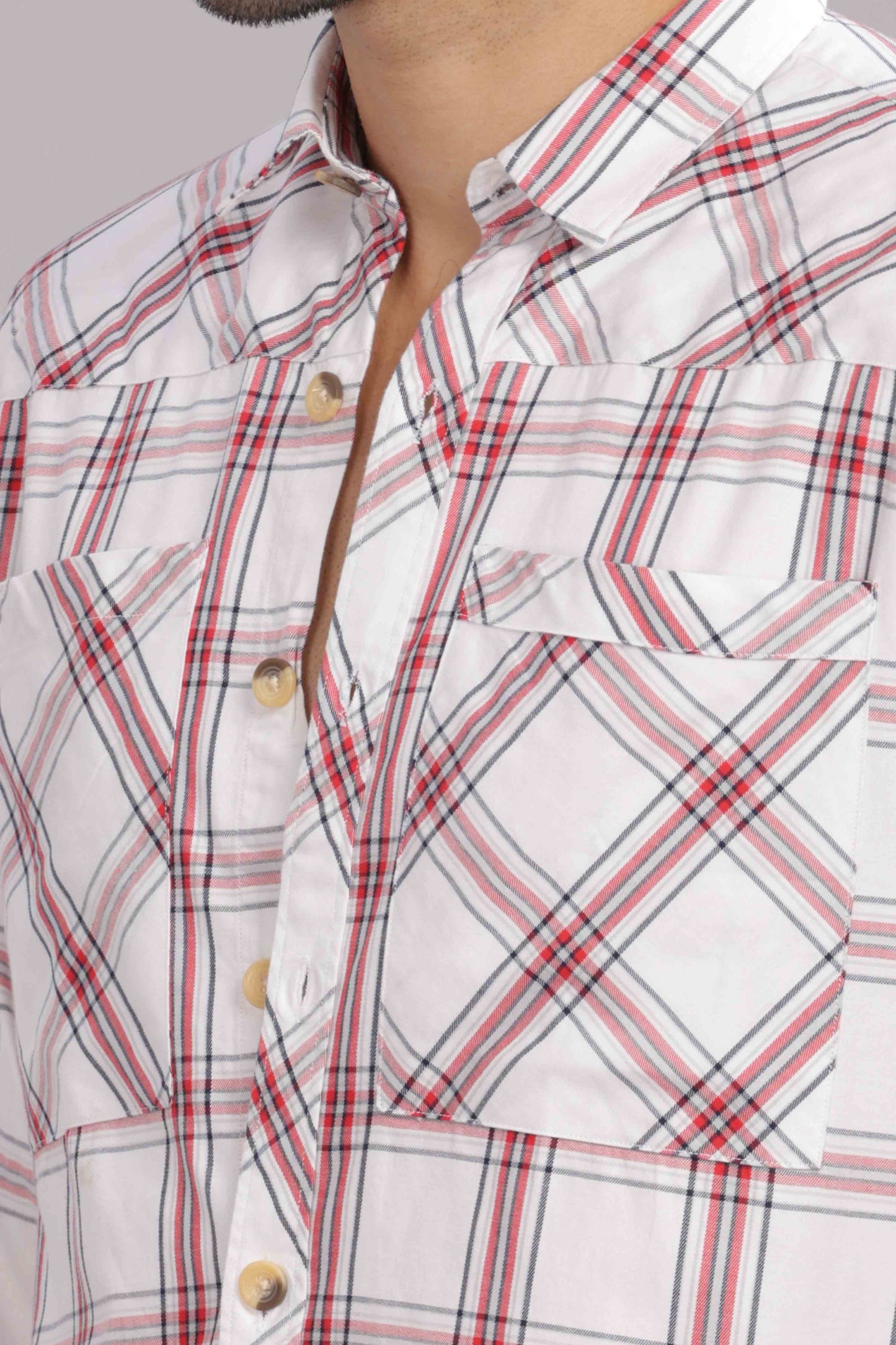 Light Red Double Box Pocket Checks Shirt