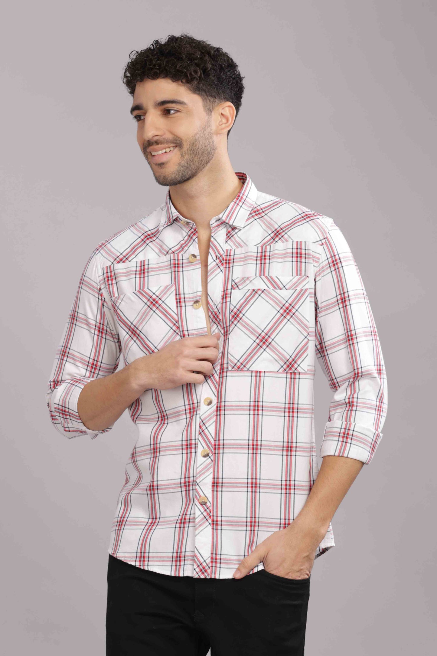 Light Red Double Box Pocket Checks Shirt