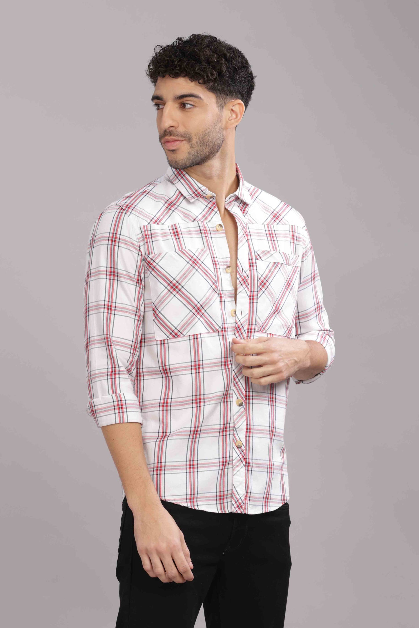 Light Red Double Box Pocket Checks Shirt