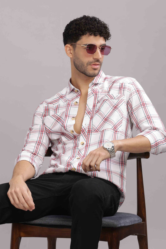 Light Red Double Box Pocket Checks Shirt