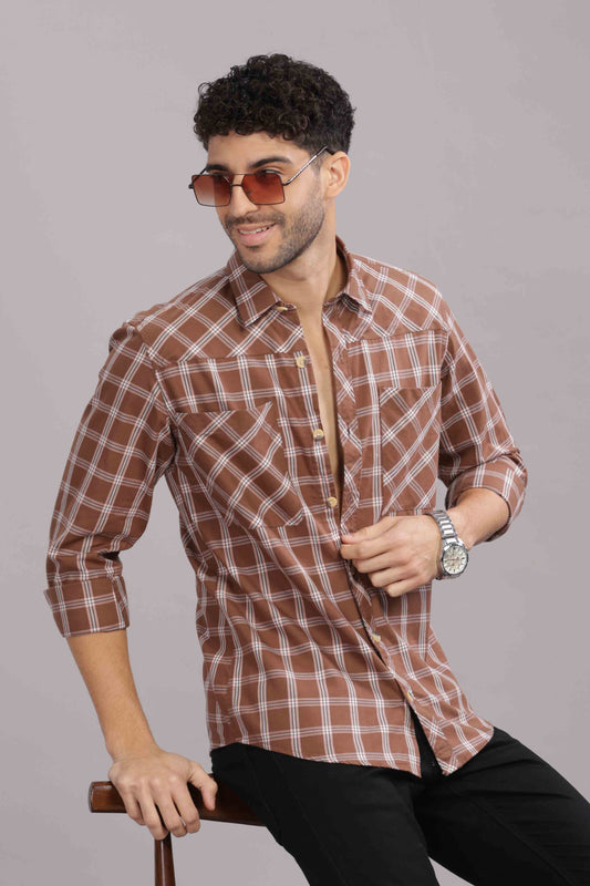 Brown Double Box Pocket Checks Shirt