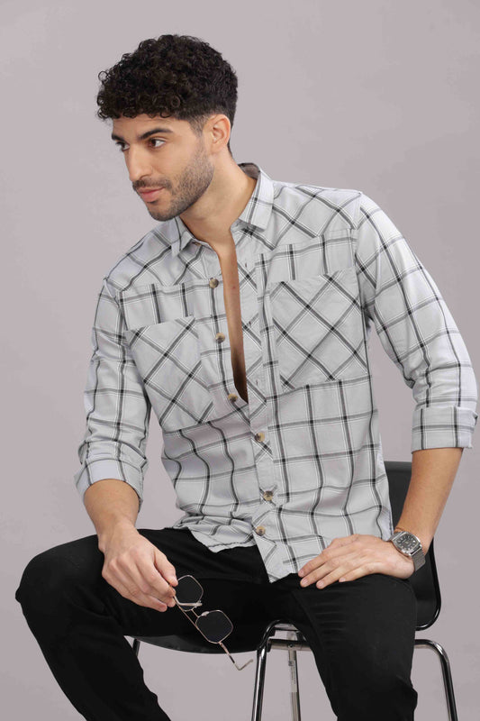 Grey Double Box Pocket Checks Shirt