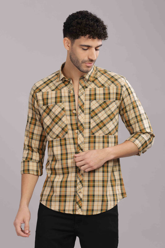 Brown Double Box Pocket Checks Shirt