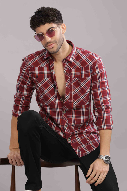 Dark Red Double Box Pocket Checks Shirt