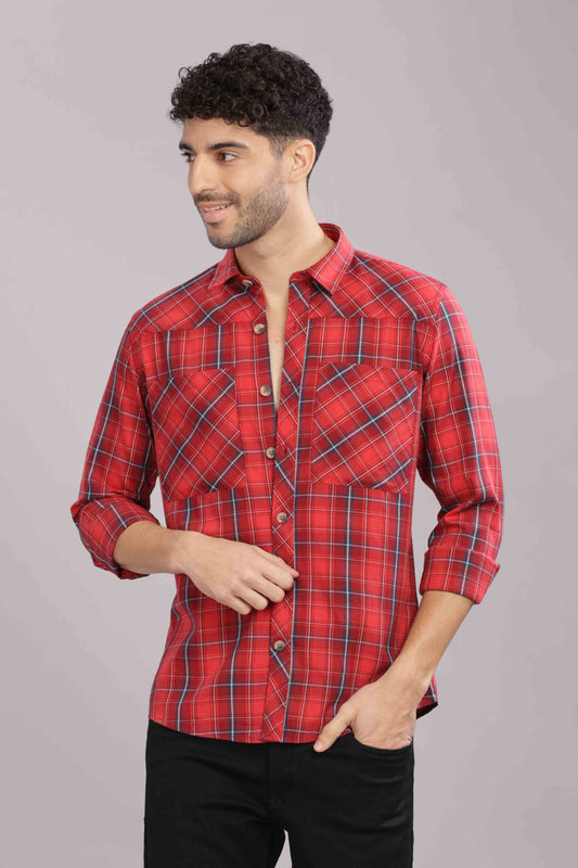 Red Double Box Pocket Checks Shirt