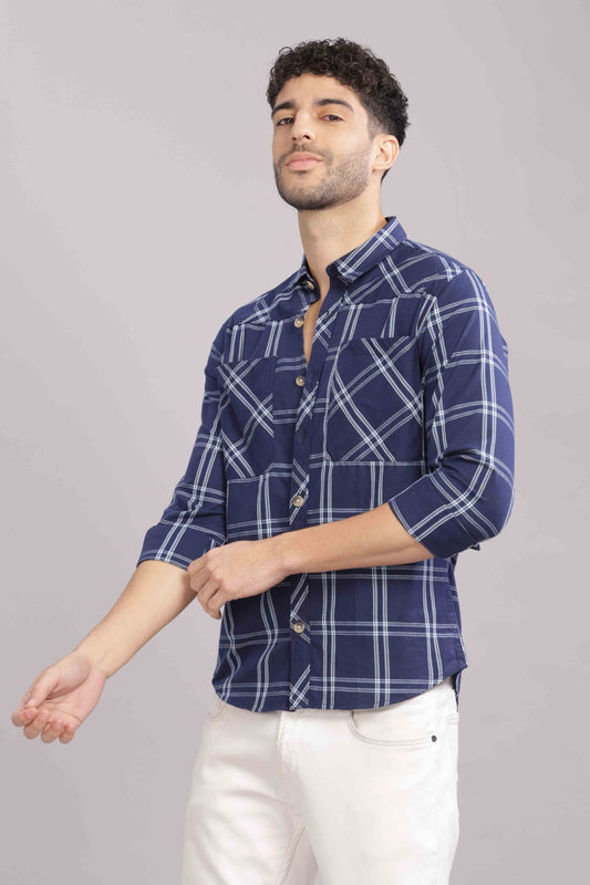 Blue Double Box Pocket Checks Shirt