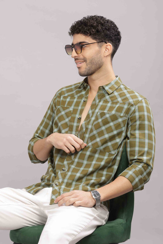 Green Double Box Pocket Checks Shirt