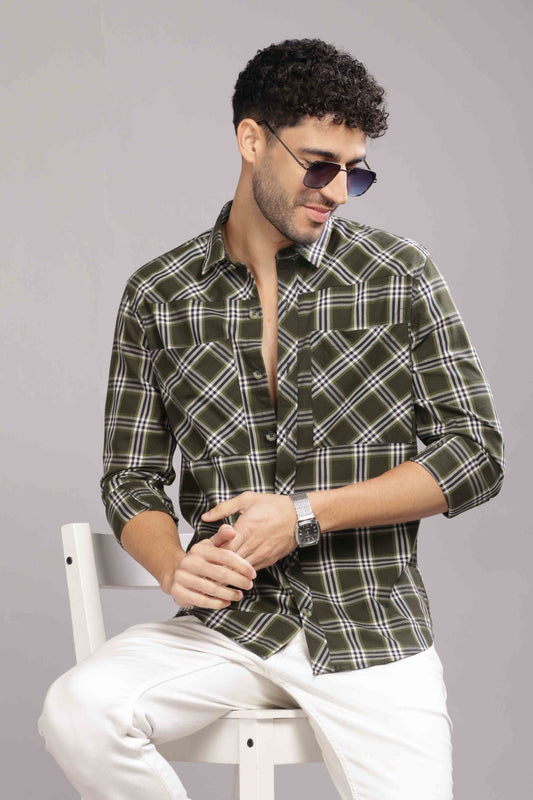 Olive Double Box Pocket Checks Shirt