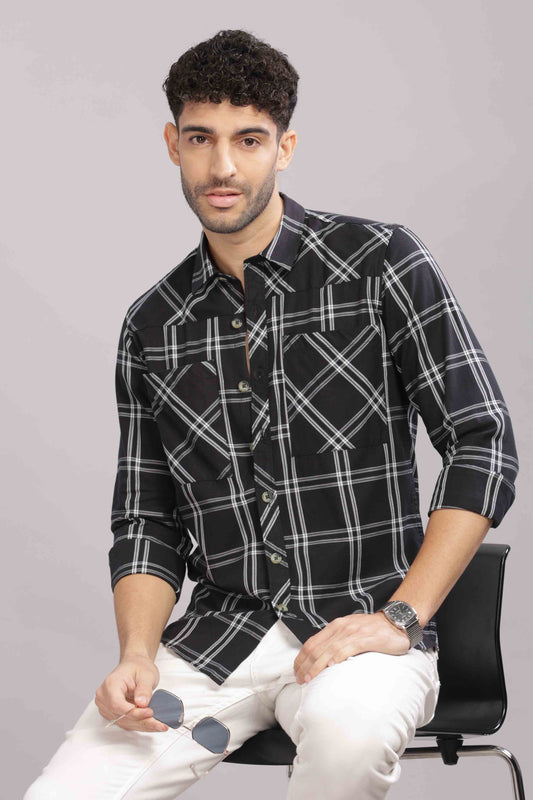 Black Double Box Pocket Checks Shirt