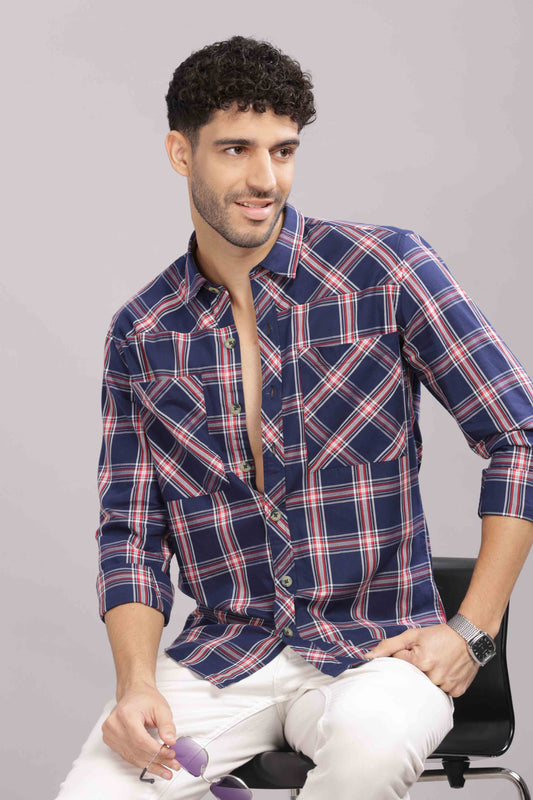 Blue Double Box Pocket Checks Shirt