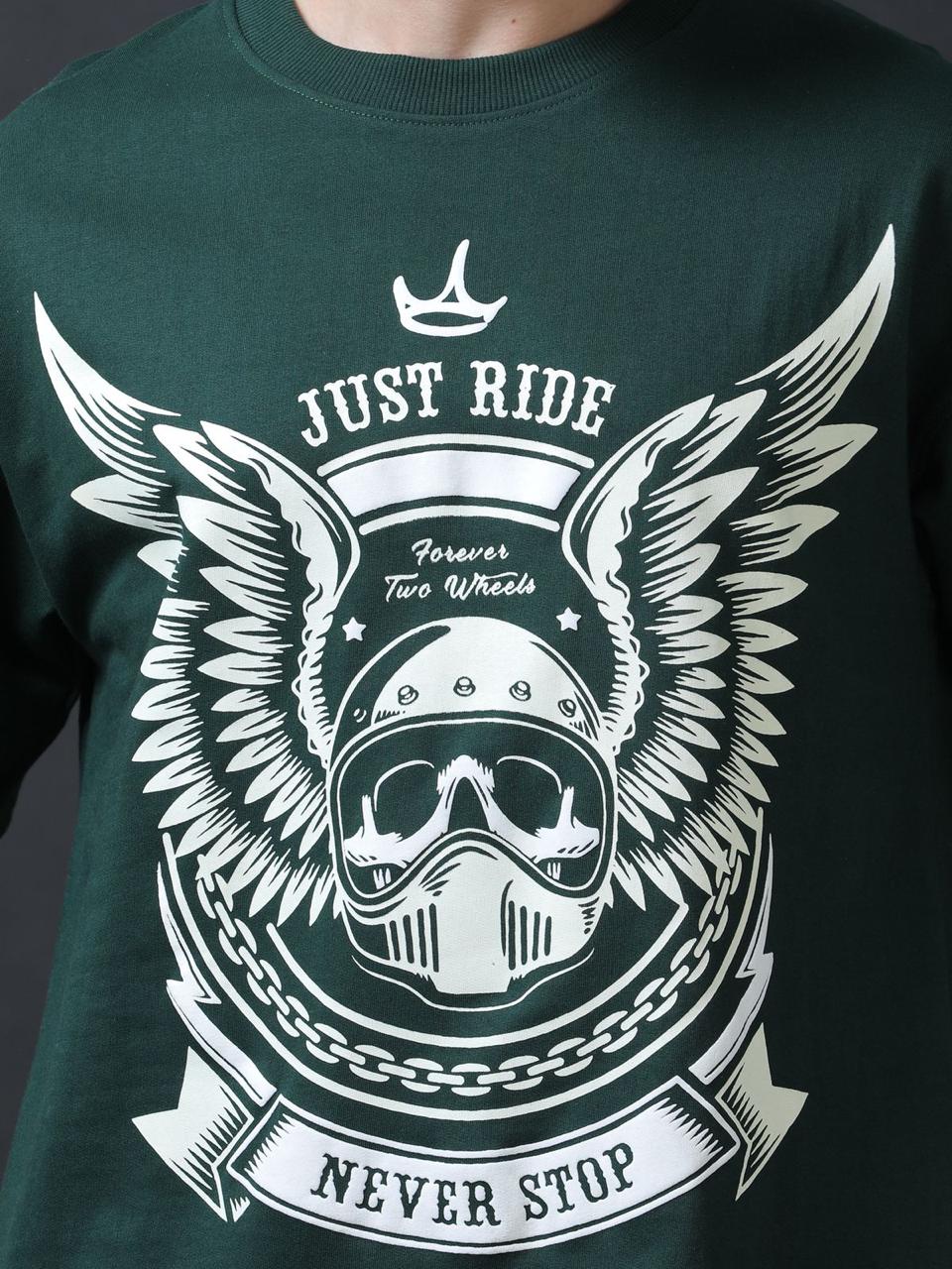 Just Ride Never Stop Dark Green Printed Oversized Tee