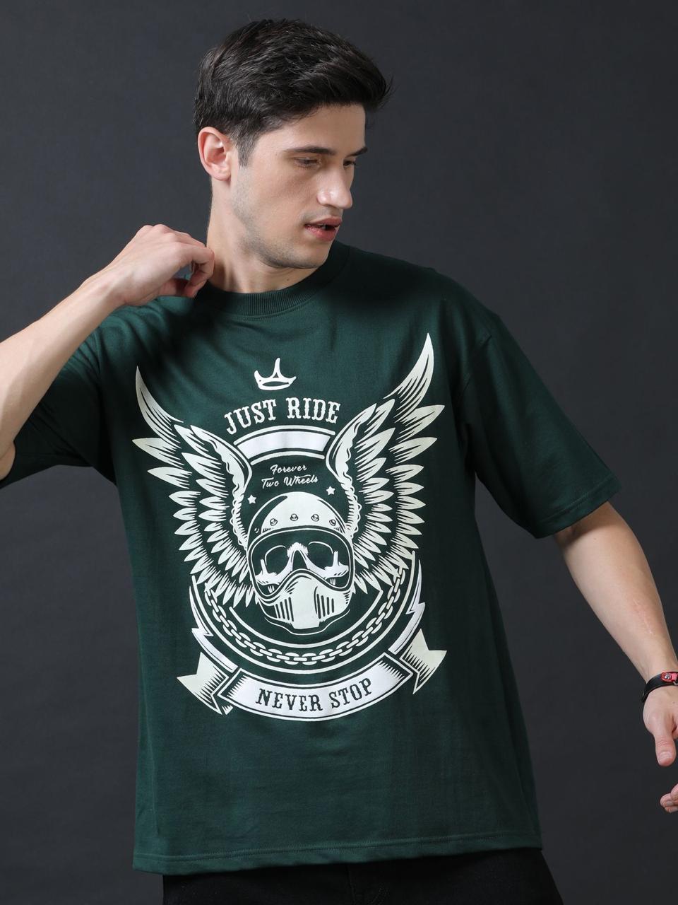 Just Ride Never Stop Dark Green Printed Oversized Tee