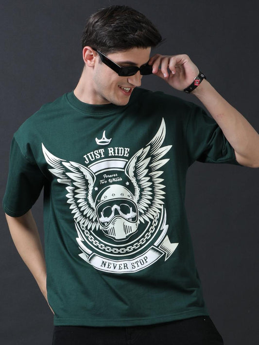 Just Ride Never Stop Dark Green Printed Oversized Tee