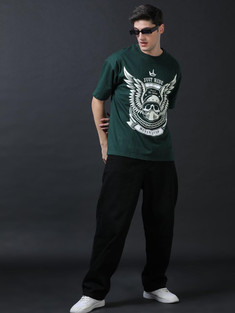 Just Ride Never Stop Dark Green Printed Oversized Tee