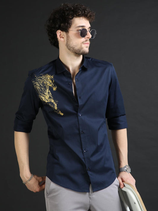 Navy Designer Golden Horse Shirt